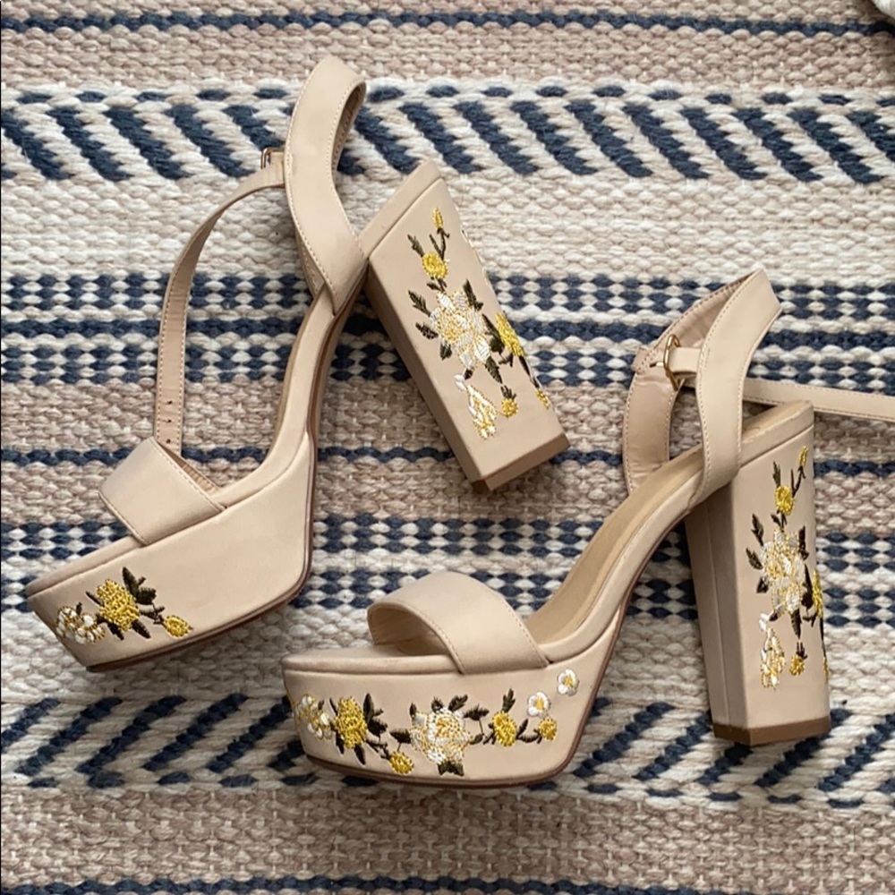 Tan floral embroidered strappy heels